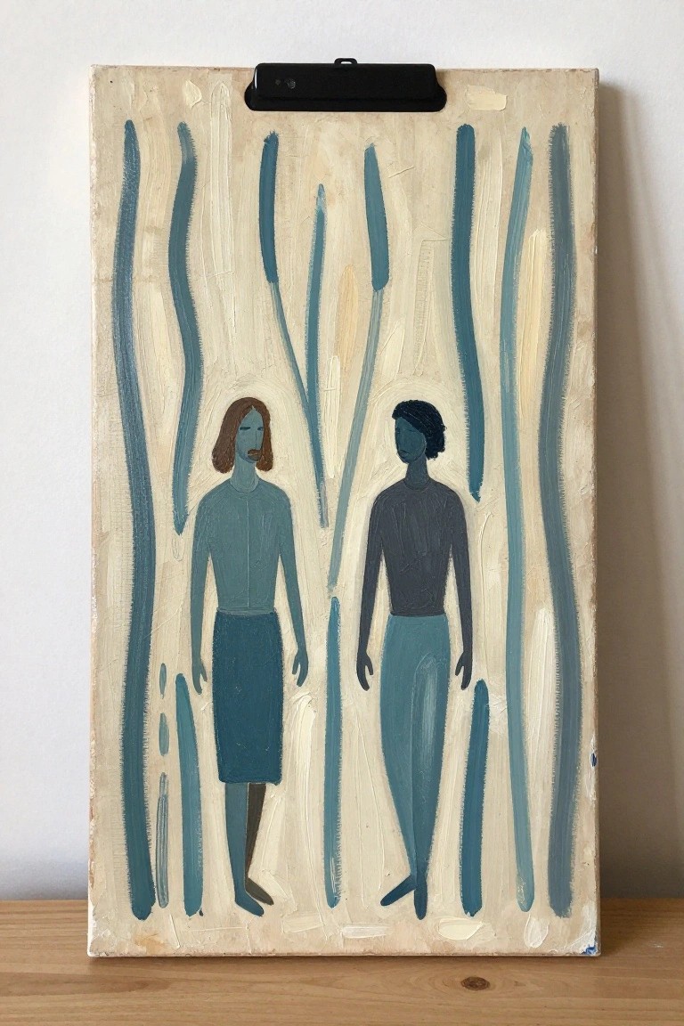 Two stylized figures in teal and dark tones amid vertical teal brushstrokes on off-white background.