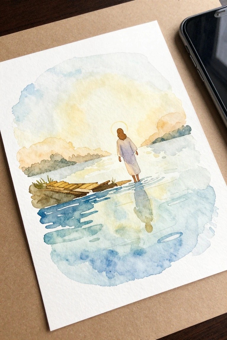 Watercolor painting of Jesus viewed from behind walking on water with a halo, blue water with reflection, wooden structure on the left, and distant hills under a soft sky.