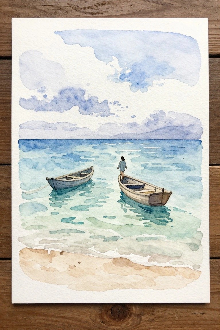 Watercolor painting of two boats on turquoise water, person standing in one near sandy shore
