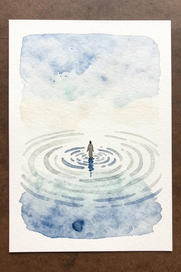 Watercolor of robed figure centered amid blue-gray concentric ripples under cloudy sky.