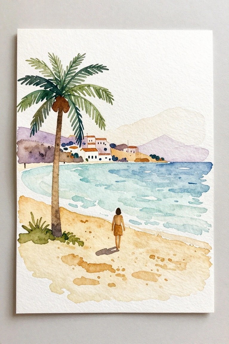 Watercolor beach scene with palm tree, lone walker on sand, blue sea, and hillside village