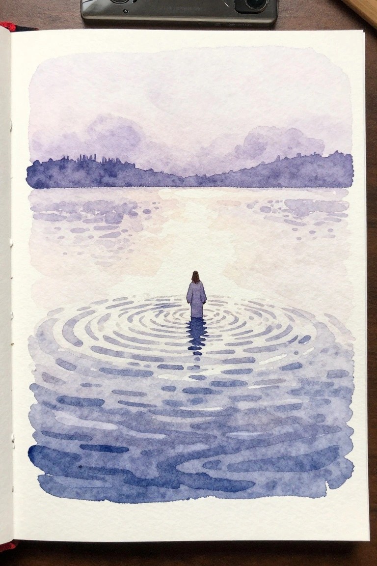 Watercolor of robed figure standing amid concentric ripples in blue-purple water with distant hills.