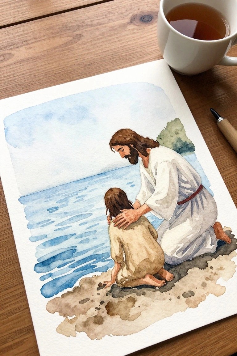 Watercolor of Jesus in white robe comforting figure by blue water, mug and pen nearby.