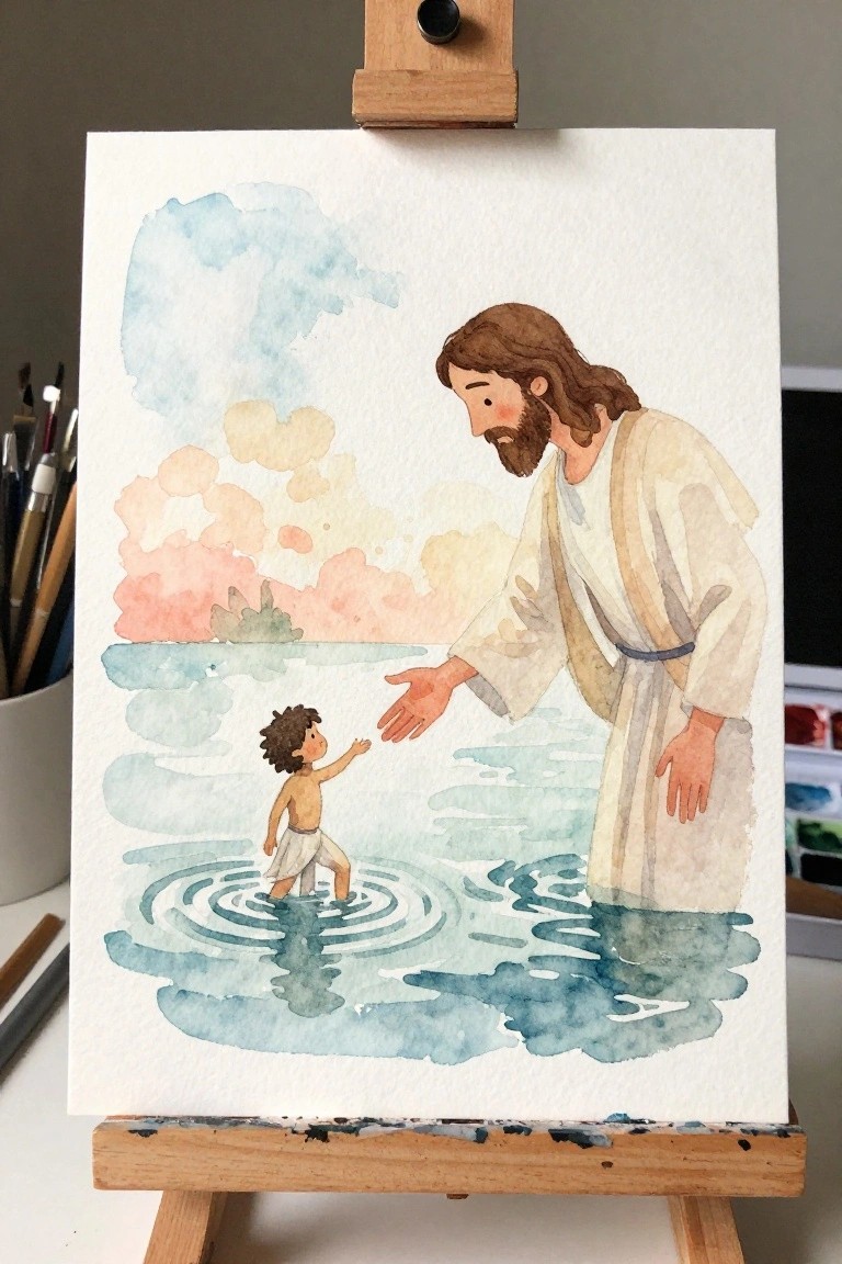 Watercolor on easel shows robed Jesus reaching toward child amid water ripples under pastel sky