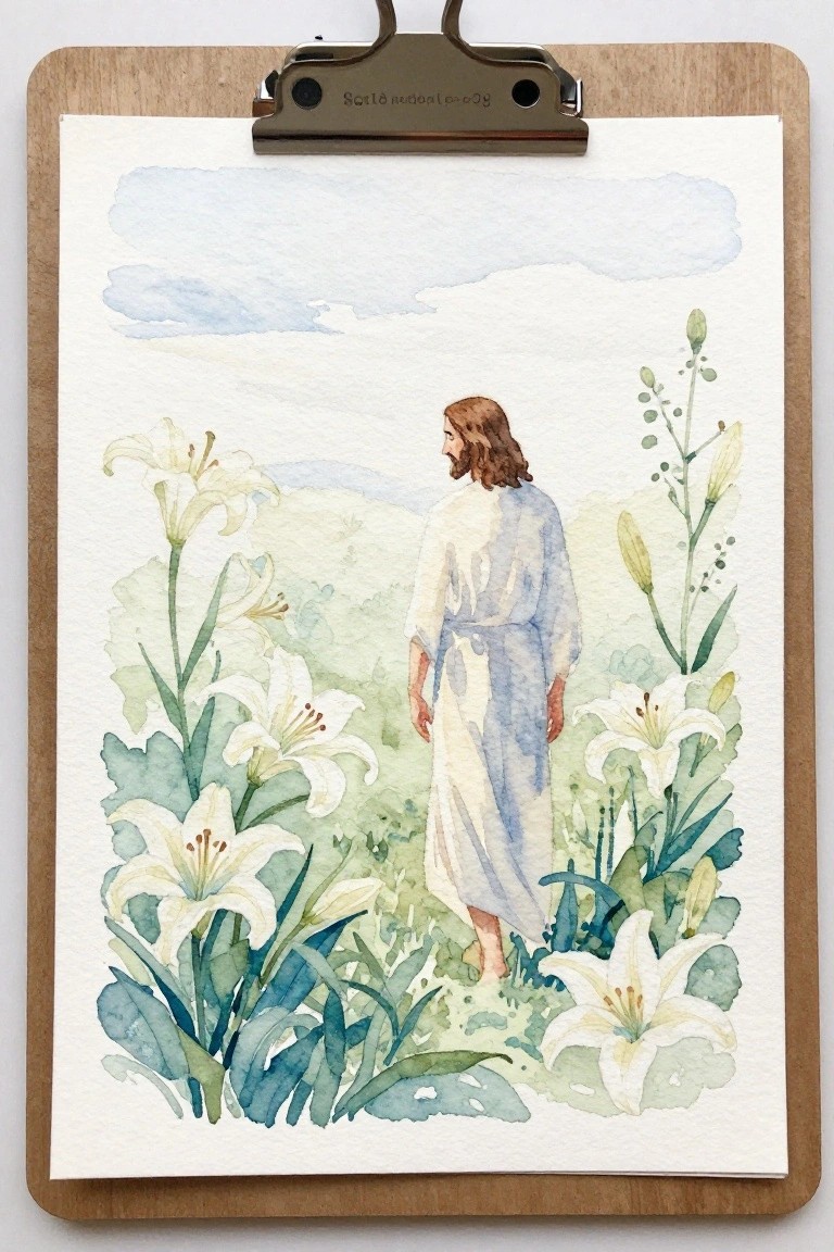 Watercolor on clipboard of robed man walking amid white lilies in meadow
