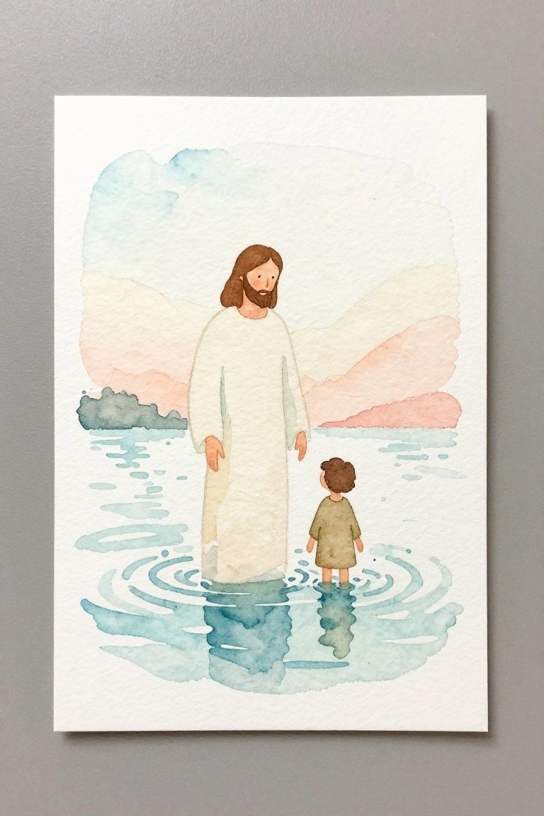 Watercolor of bearded man in white robe and child in brown tunic standing in rippling water
