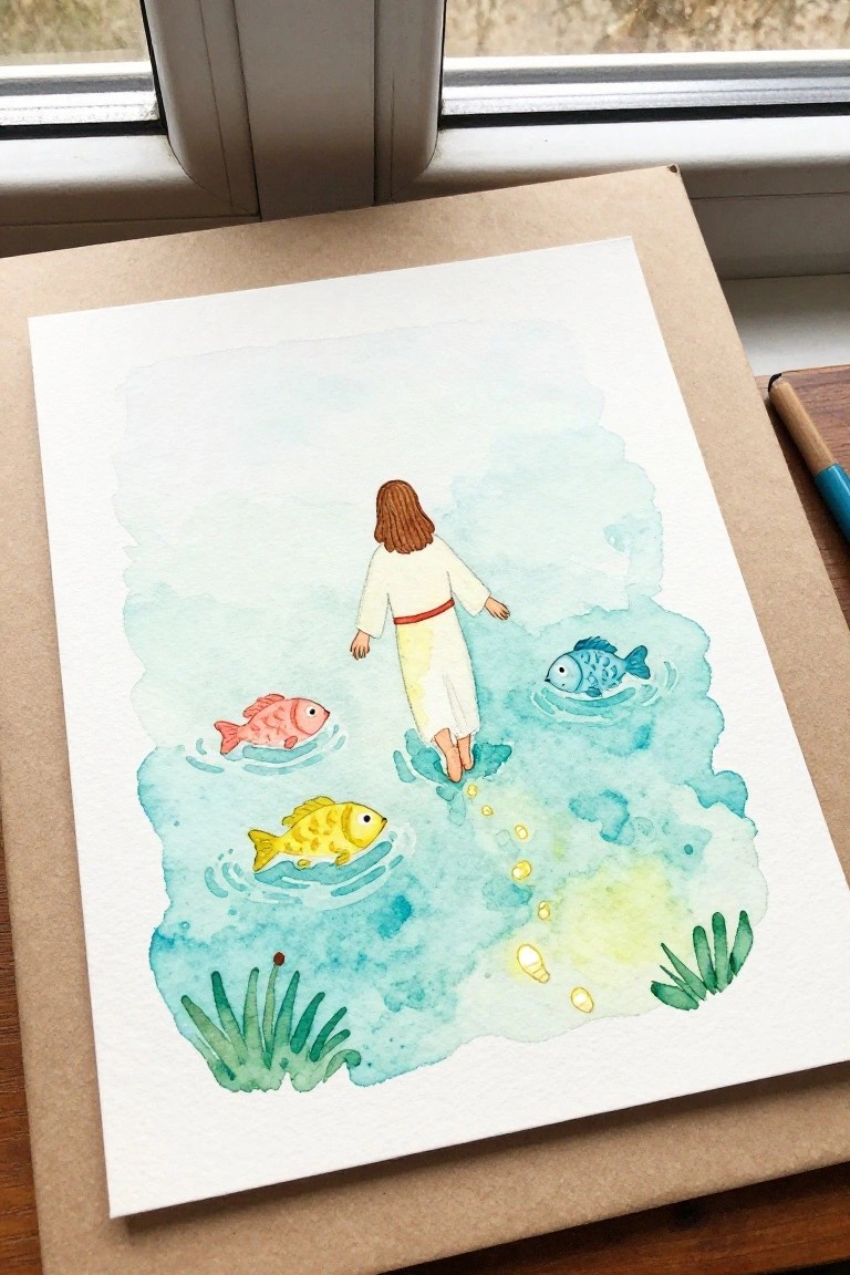Watercolor of Jesus in white robe walking on water with colorful fish.