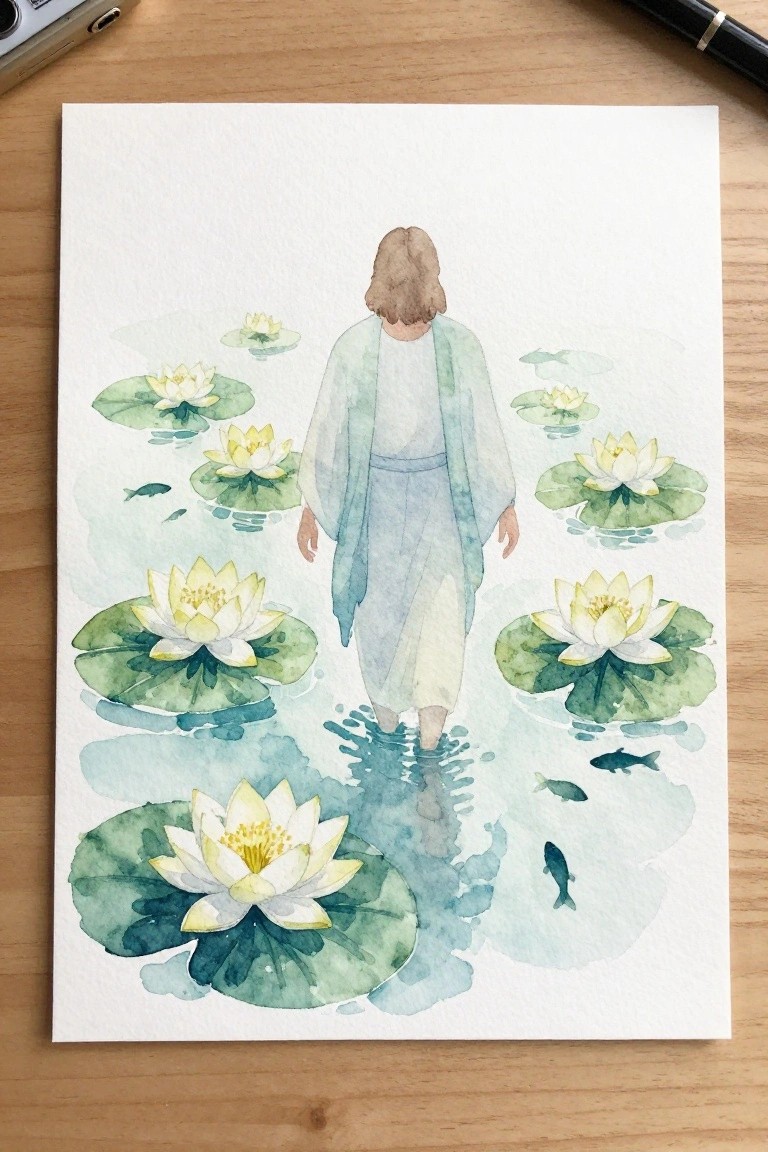 Watercolor of robed figure walking on water amid white lotus flowers and fish