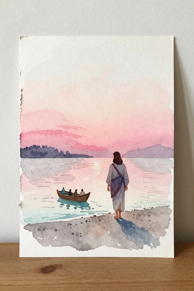 Watercolor of robed figure on shore watching boat on pink sunset lake