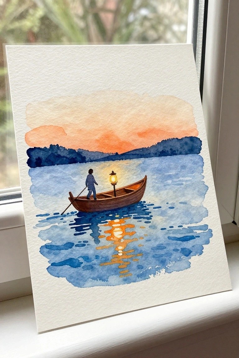 Figure in boat with glowing lantern on reflective blue water under orange sunset sky