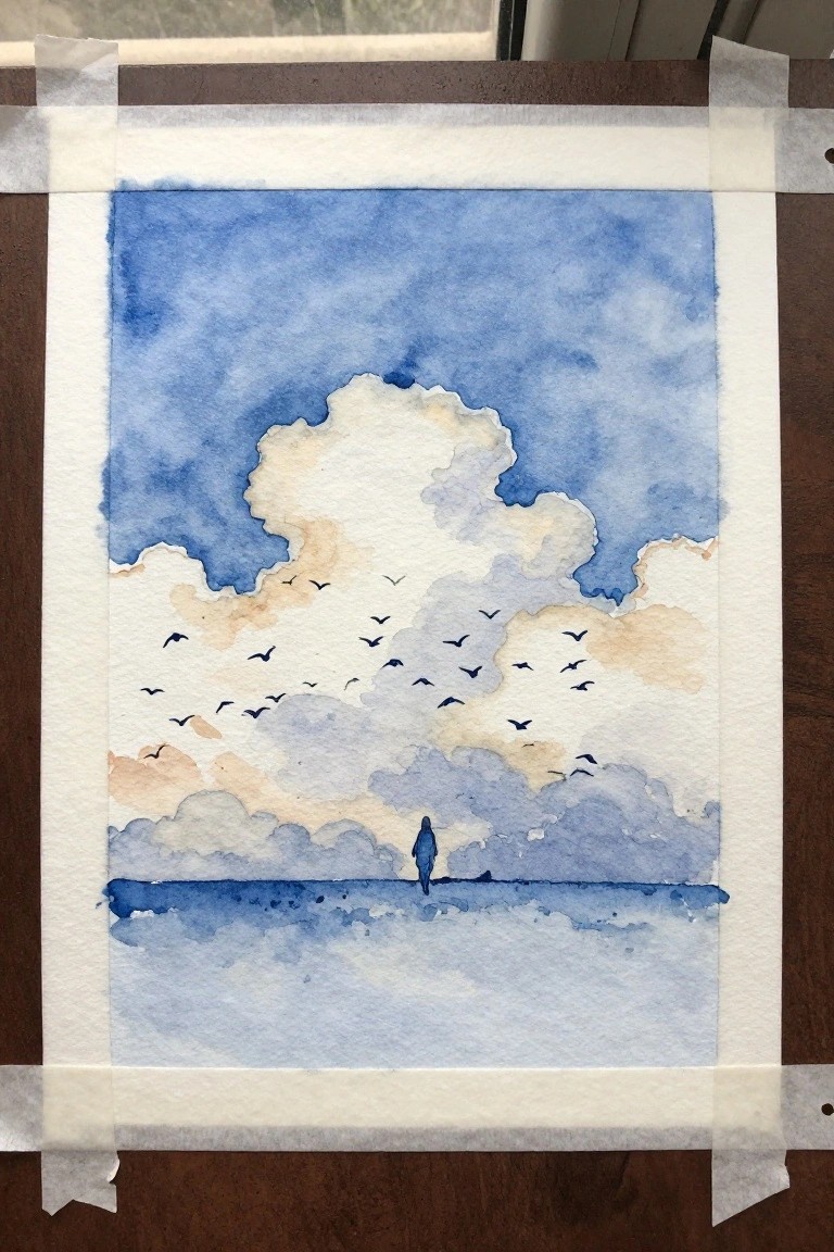 Watercolor of blue sky with fluffy clouds, flying birds, and lone blue figure