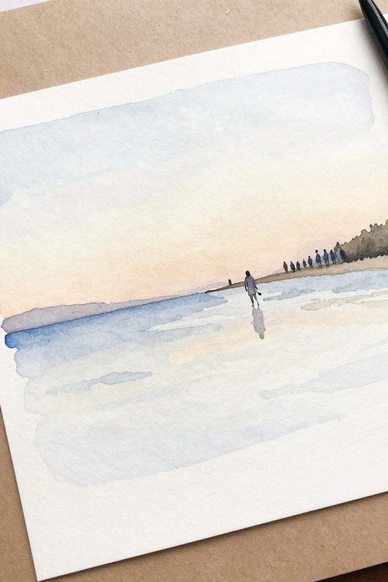 Watercolor of lone walker on beach under pastel sky with distant figures and reflection