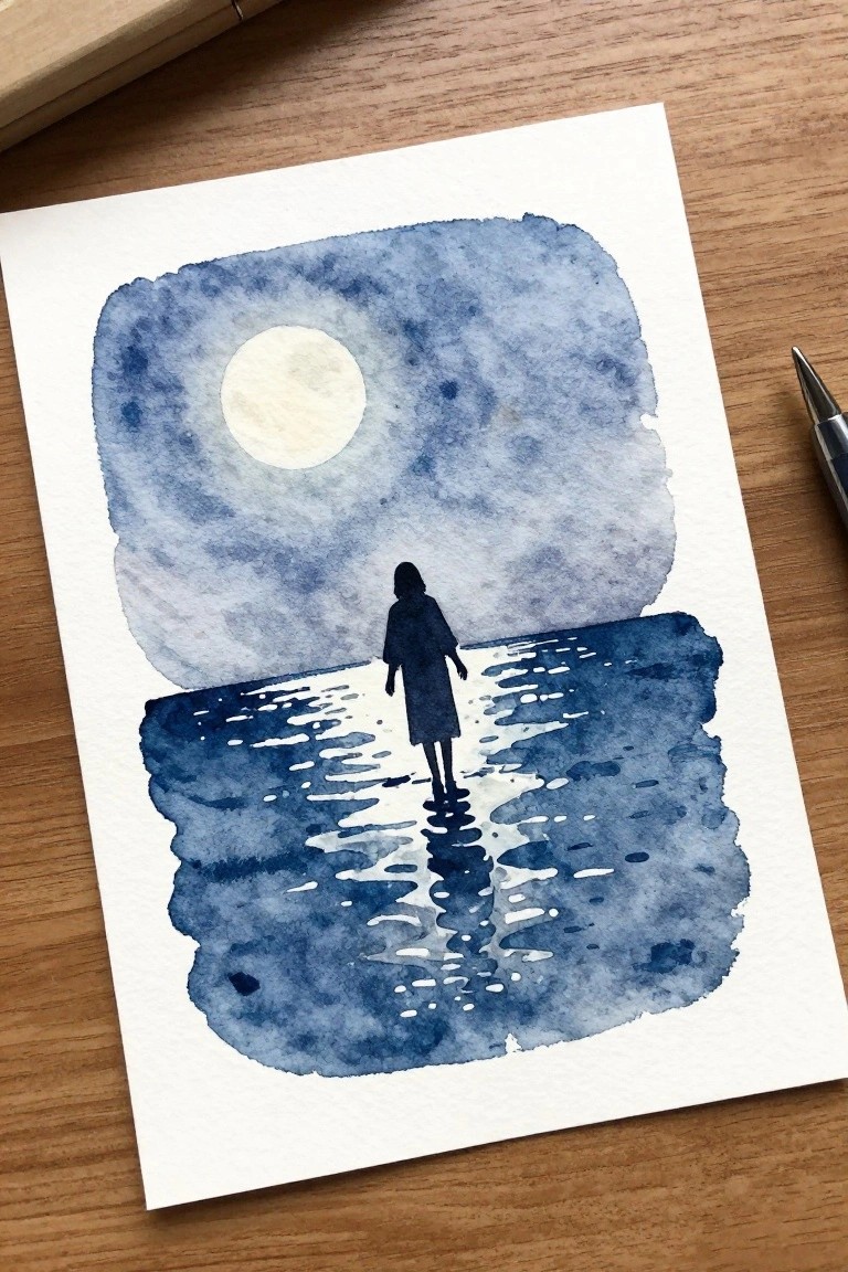 A watercolor painting of a silhouetted figure walking on water with white reflections under a large pale circle in a blue sky.