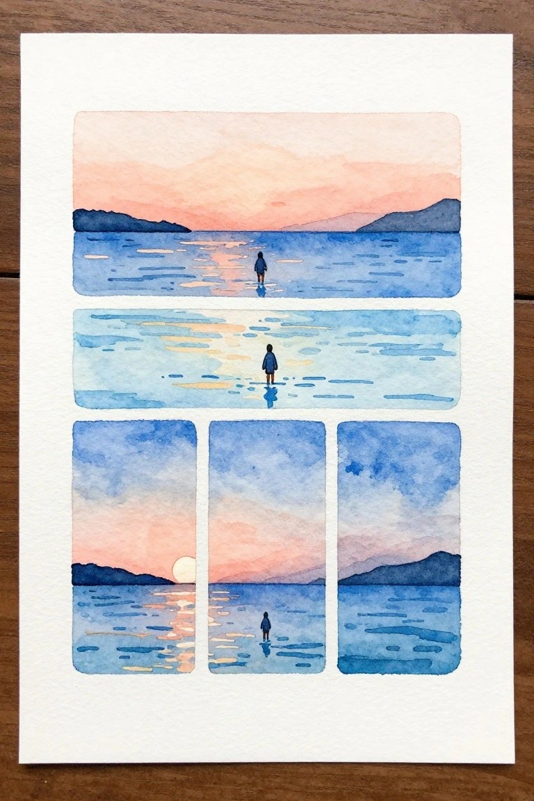 Watercolor painting split into five panels showing a figure walking on water under a pink-orange sky with mountains behind.