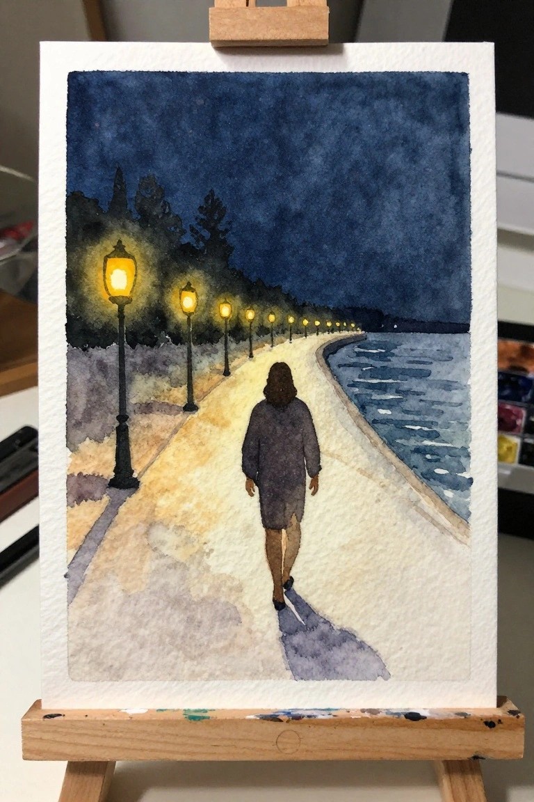 Watercolor of person in dark coat walking on lamp-lit path beside water at night.