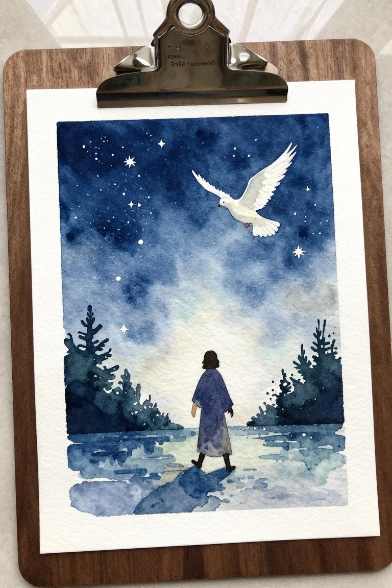 Watercolor of robed figure walking on snowy path under starry sky with flying white dove and pines