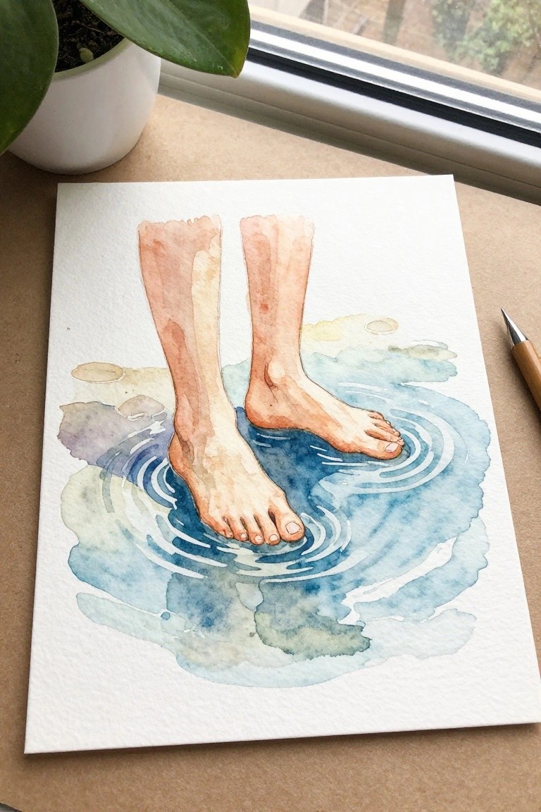 Watercolor painting of two bare feet stepping into blue water with concentric ripples on white paper.