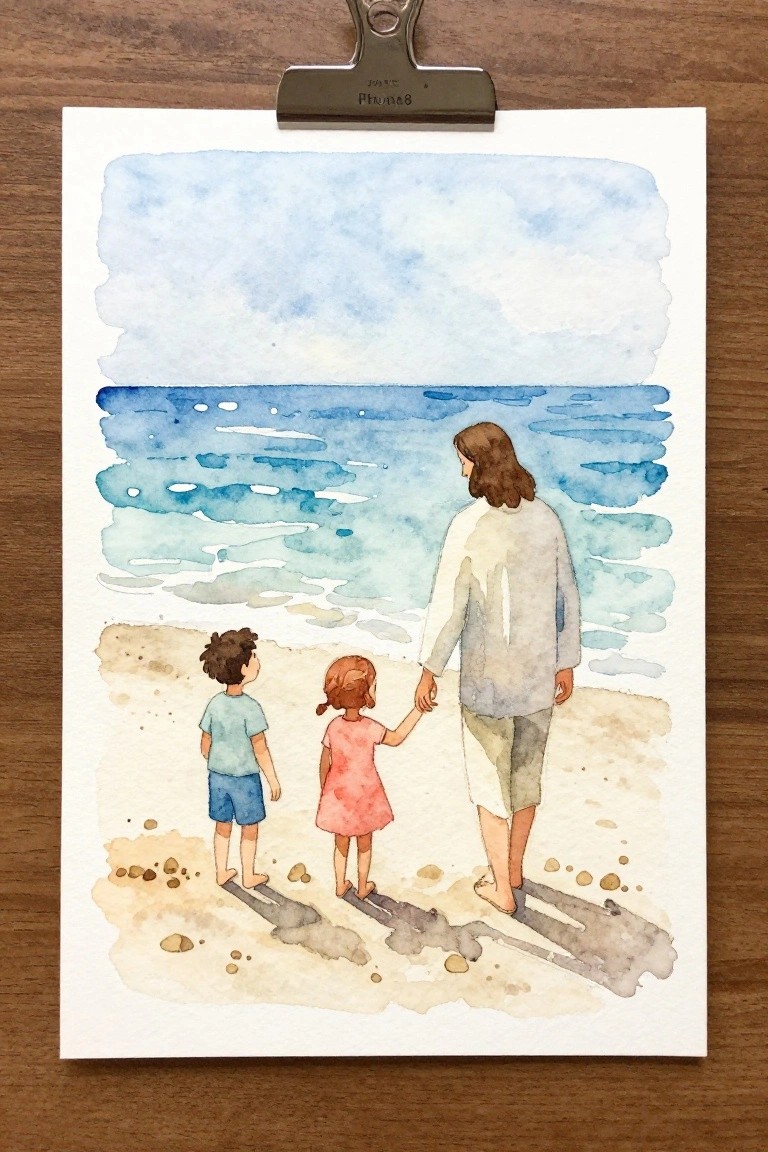 Watercolor of robed figure holding hands with boy and girl on beach facing blue ocean