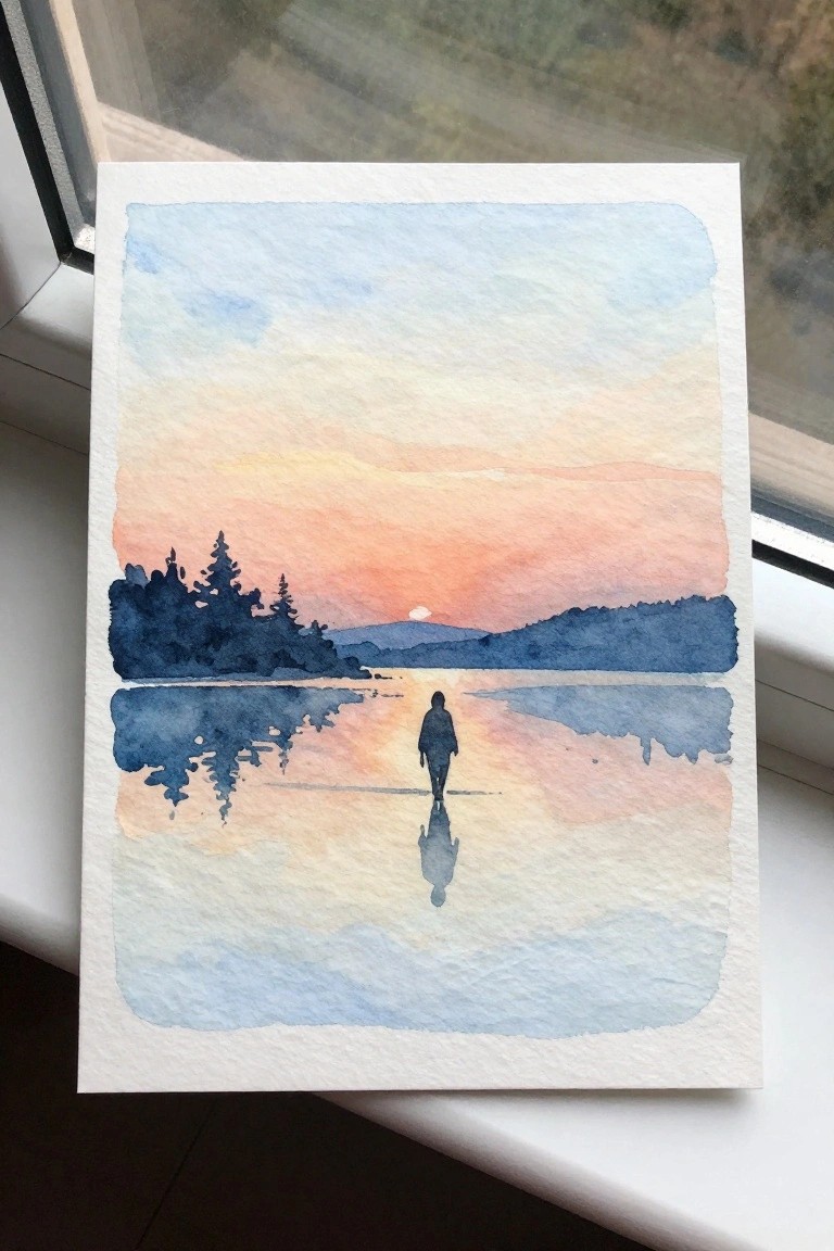 Watercolor of a silhouetted figure walking on a reflective lake at sunset with trees.