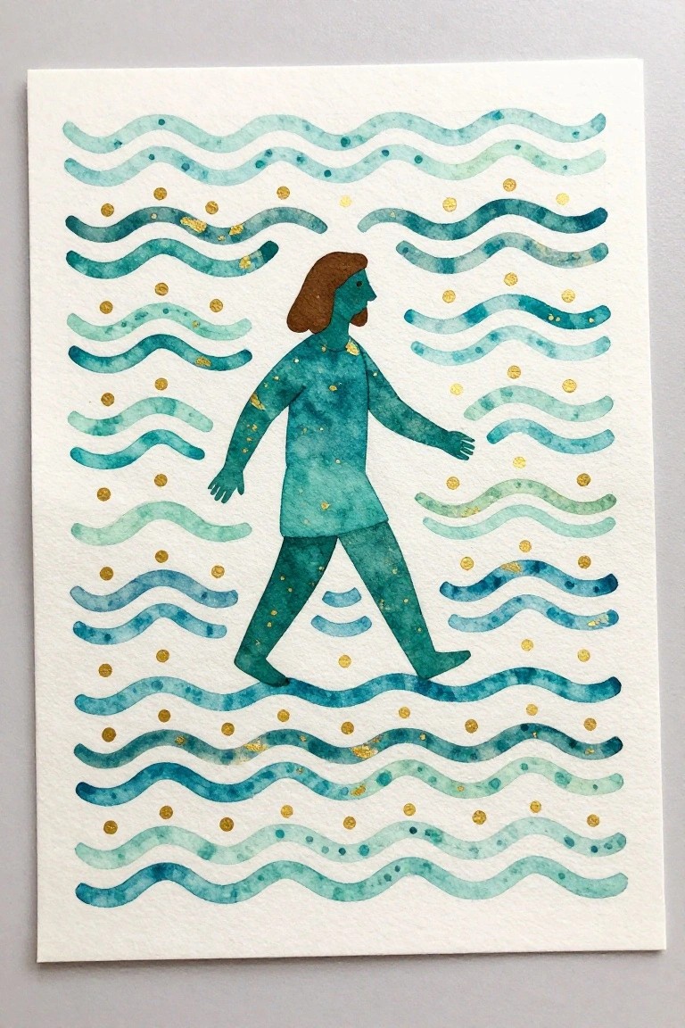 Watercolor of teal figure striding across layered blue-green waves with gold dots.