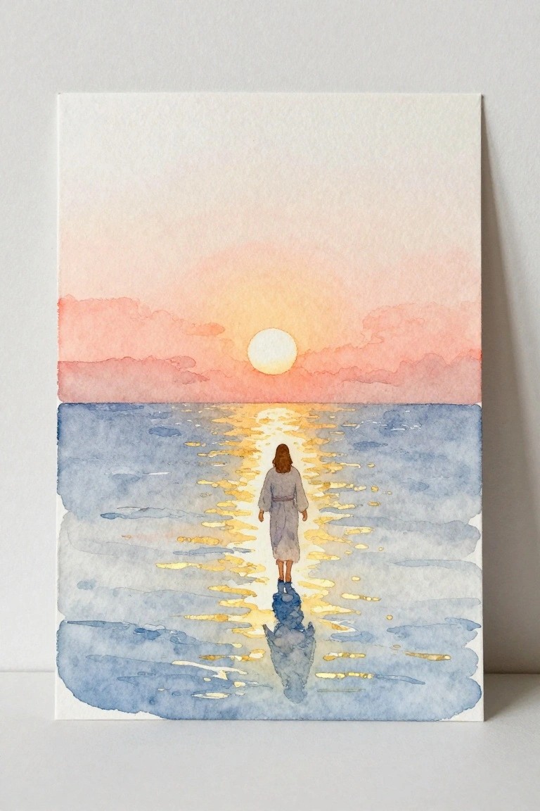 Watercolor of robed figure walking on water toward glowing sunset with golden reflections