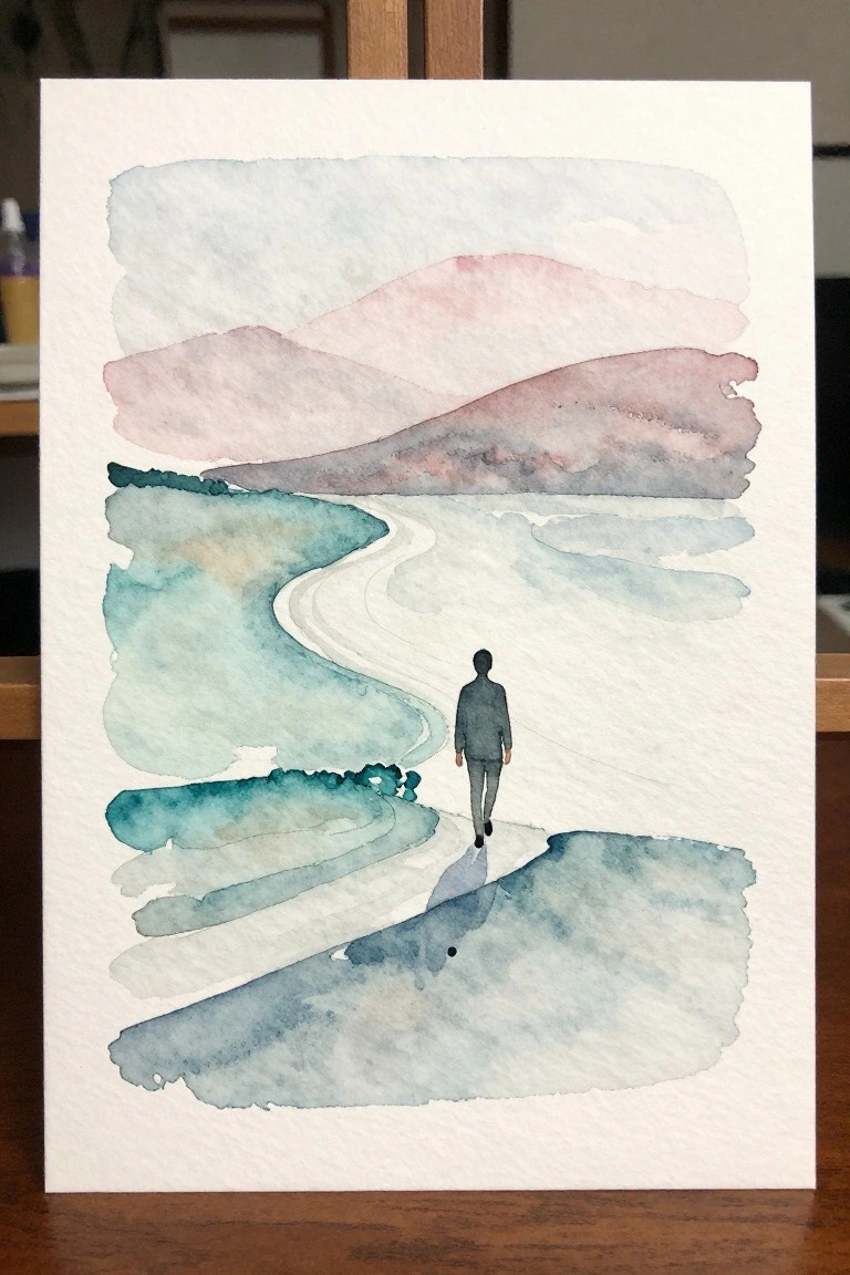 Watercolor of suited figure walking on winding path through abstract blue, teal and pink hills.
