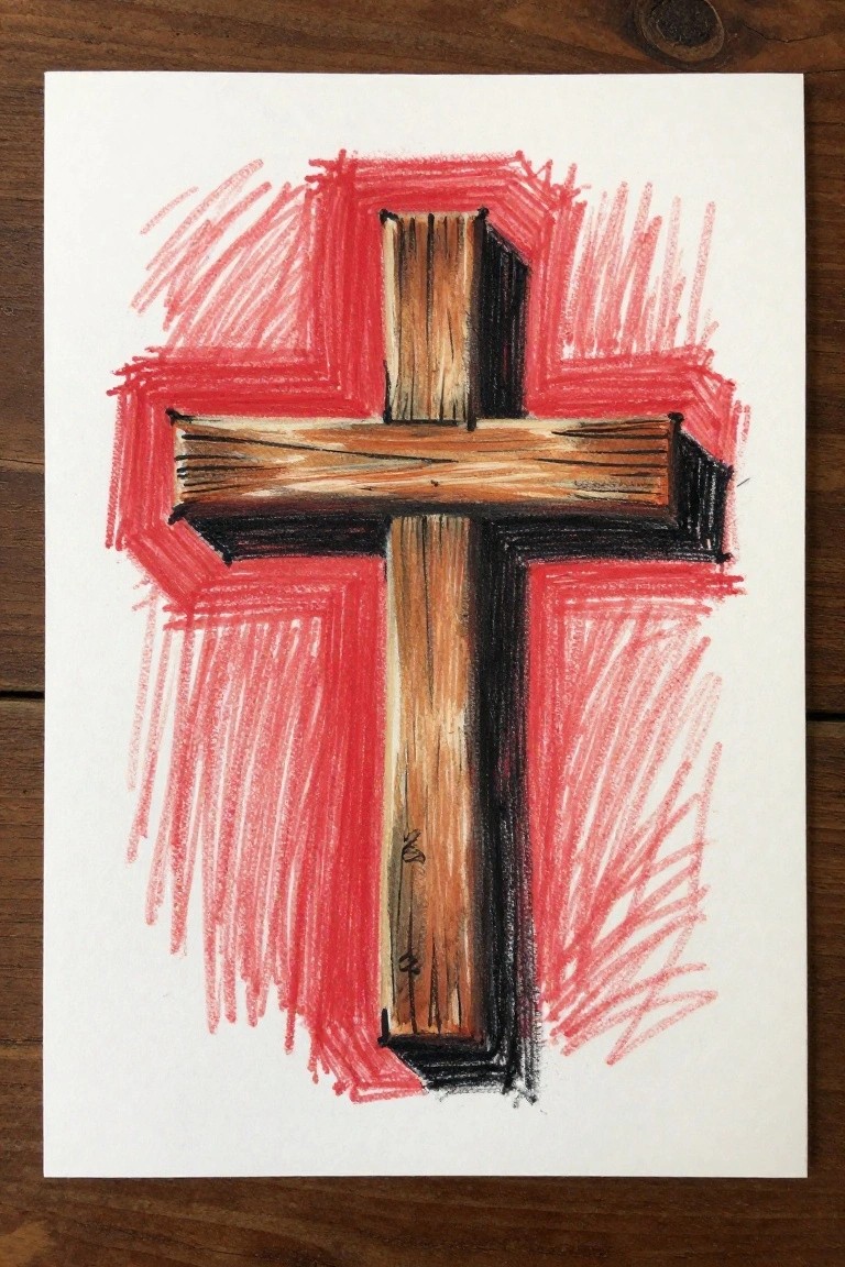 Hand-drawn brown wooden cross with black shading over red scribbles on paper