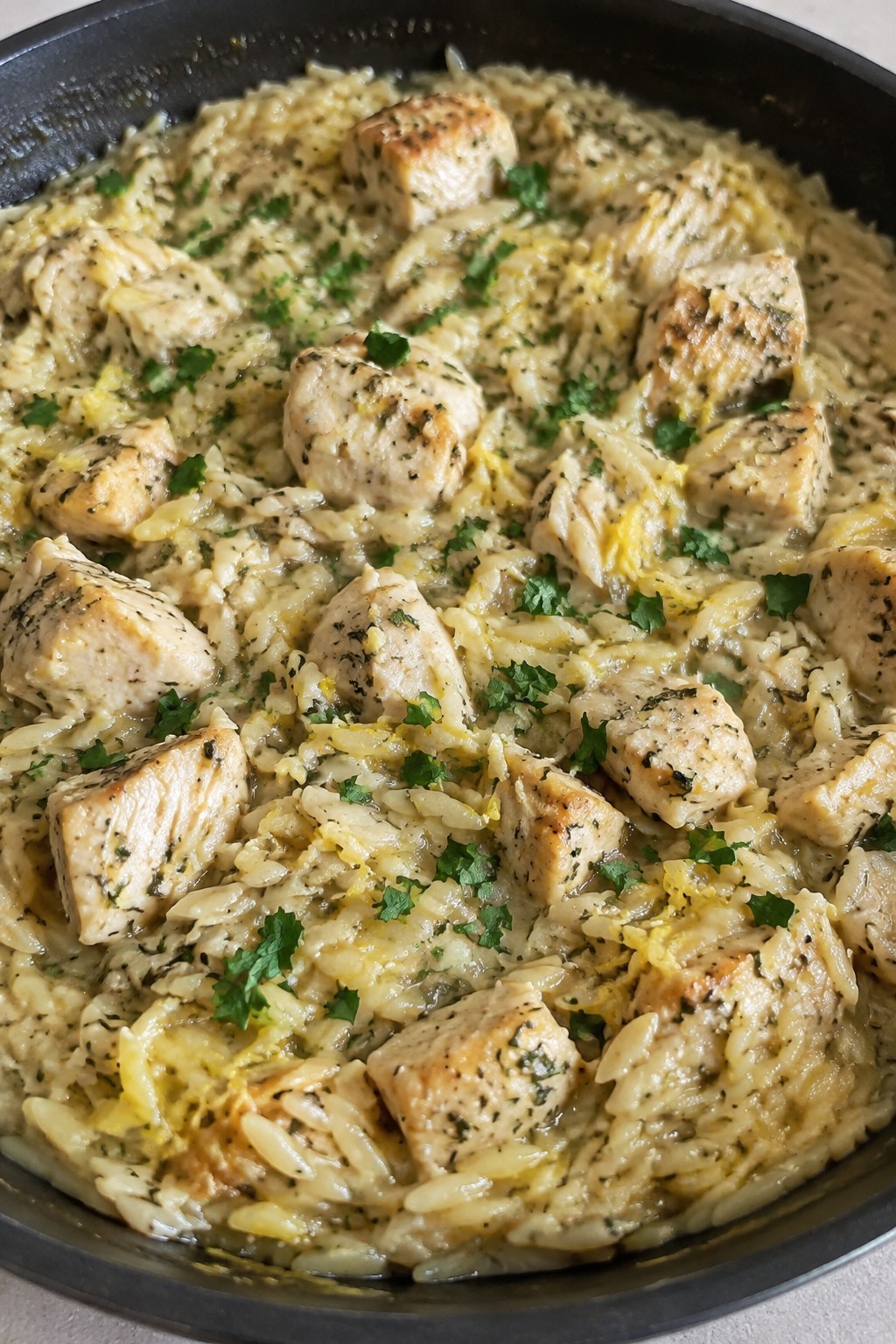 Lemon Herb Chicken and Orzo Skillet