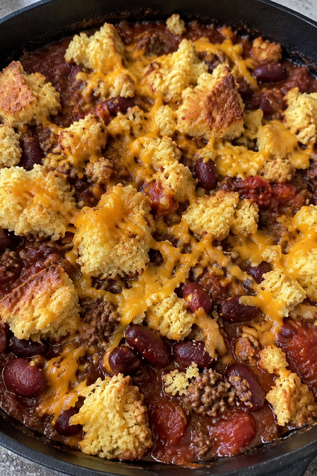 Quick Skillet Beef Chili with Cornbread Crumble