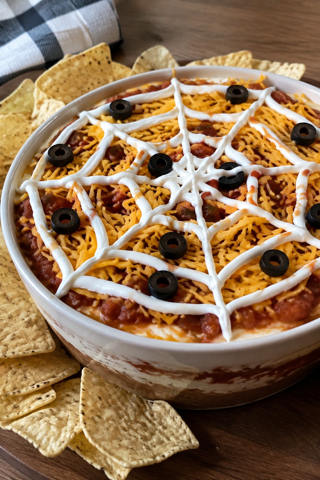 Spiderweb Taco Dip with Tortilla Chips