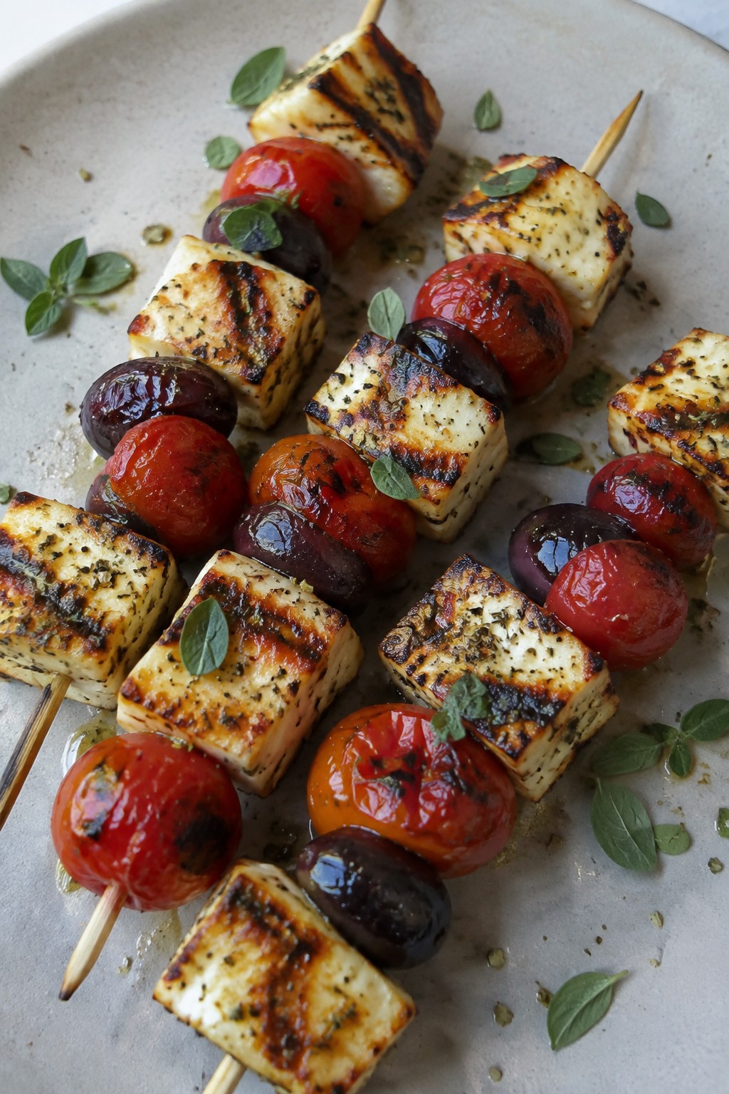 Grilled Halloumi Skewers with Olives, Tomatoes, and Oregano