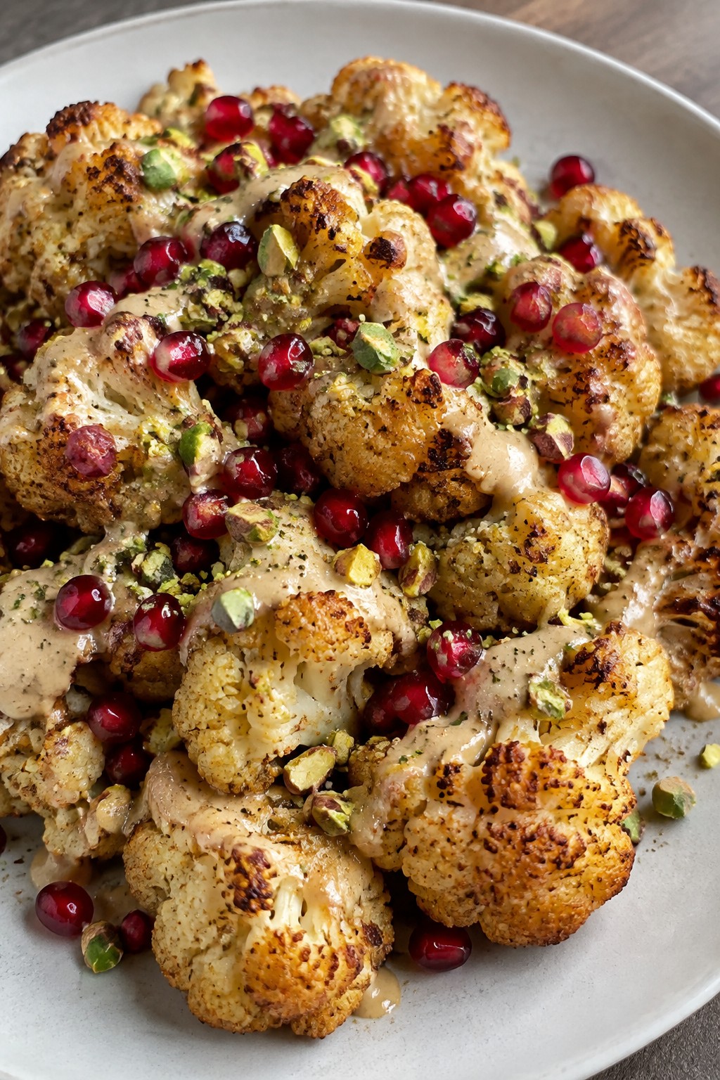 Roasted Cauliflower Florets with Tahini, Pomegranate, and Pistachios