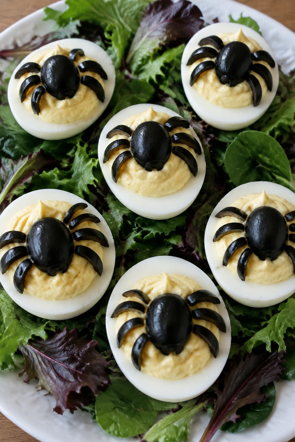 Black Olive Spider Deviled Eggs on a Bed of Greens