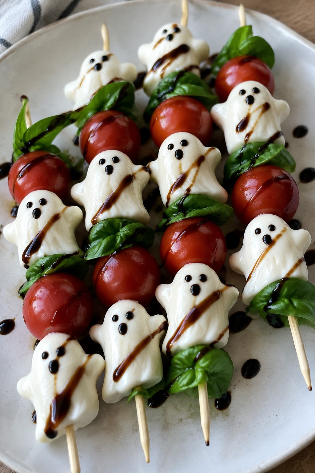 Ghost-Shaped Caprese Skewers with Balsamic Glaze