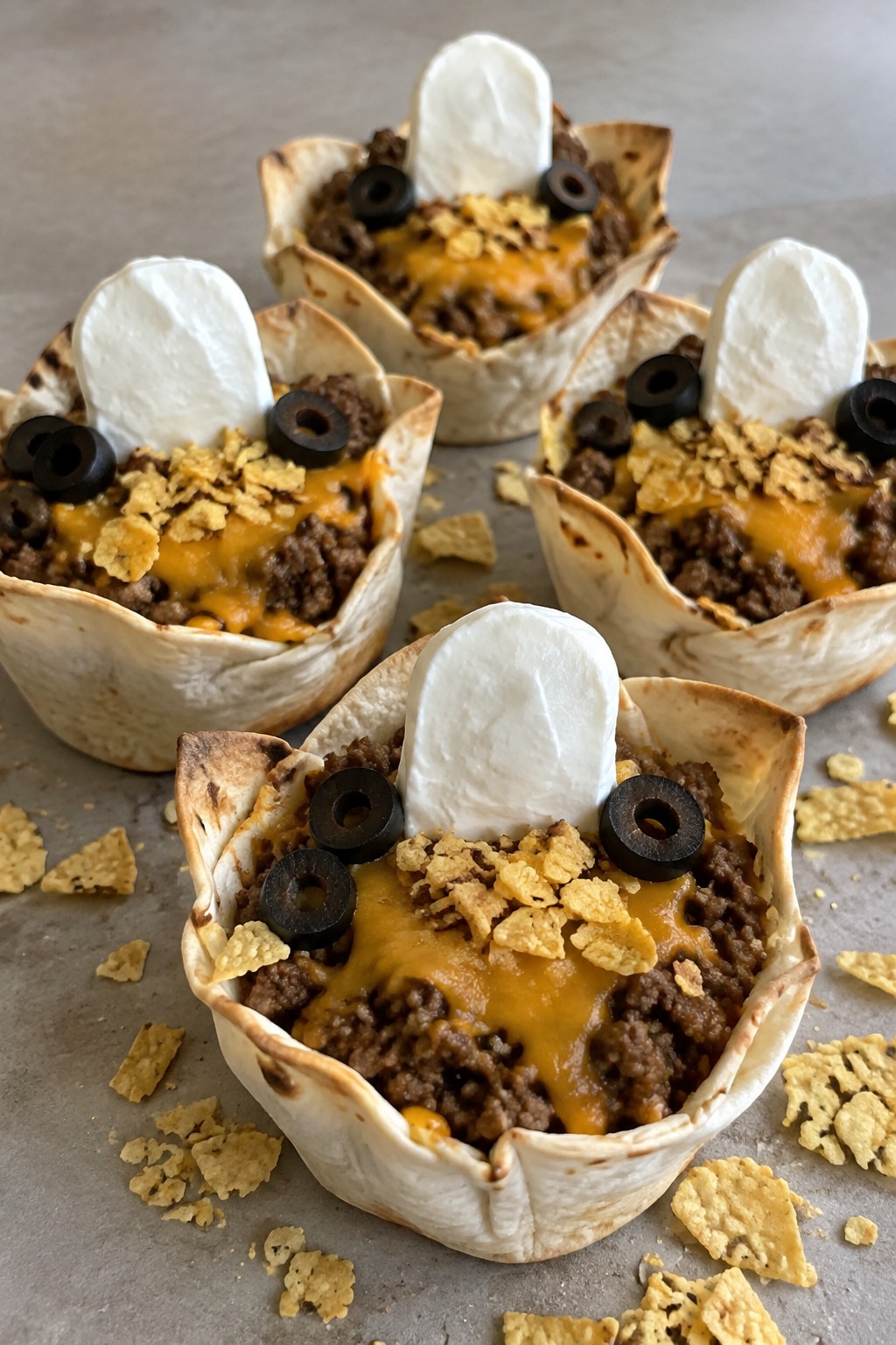 Graveyard Taco Cups with Sour Cream Tombstones