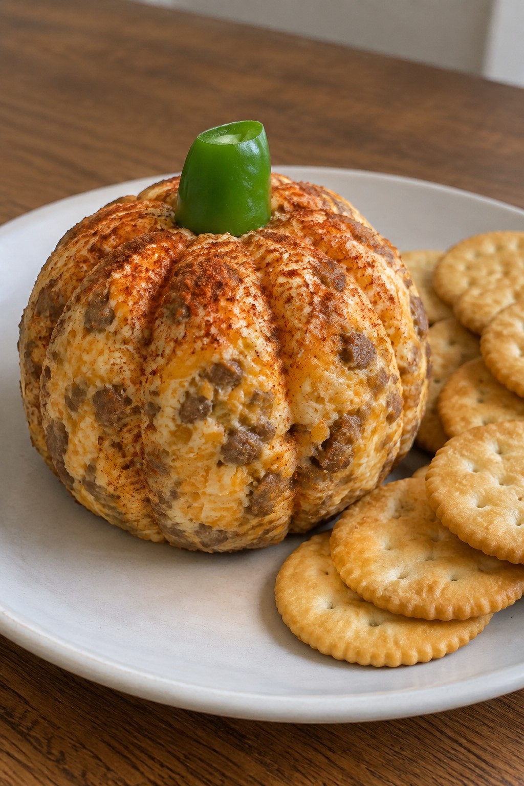 Pumpkin-Shaped Sausage Cheese Ball with Crackers