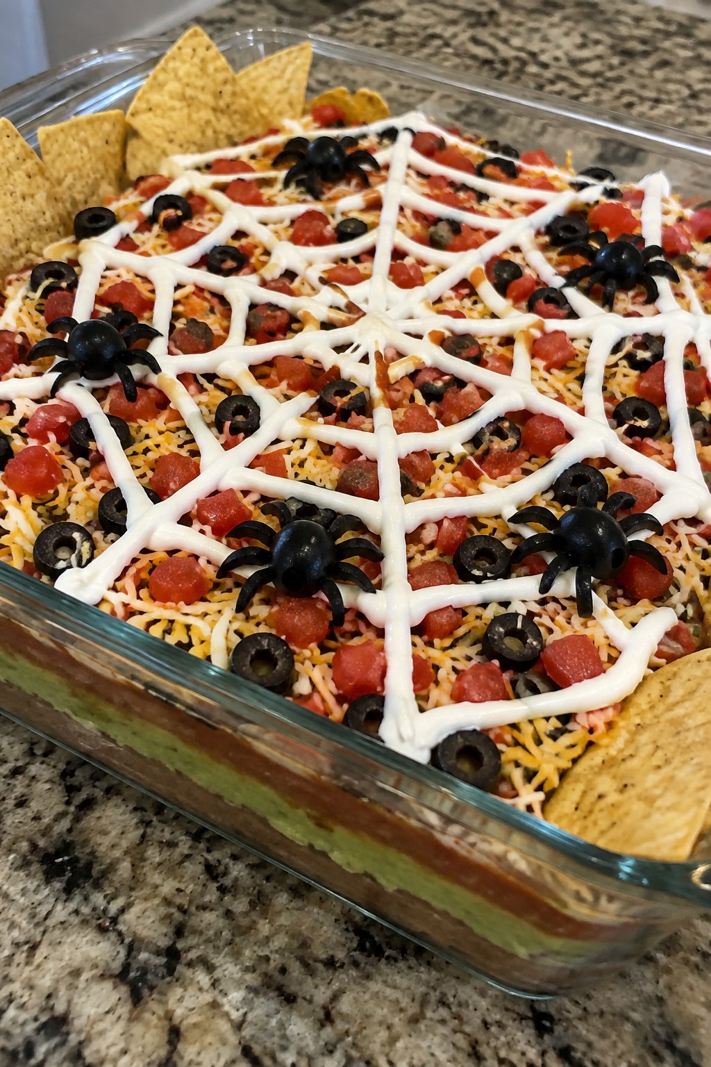 Spiderweb Seven-Layer Taco Dip with Tortilla Chips