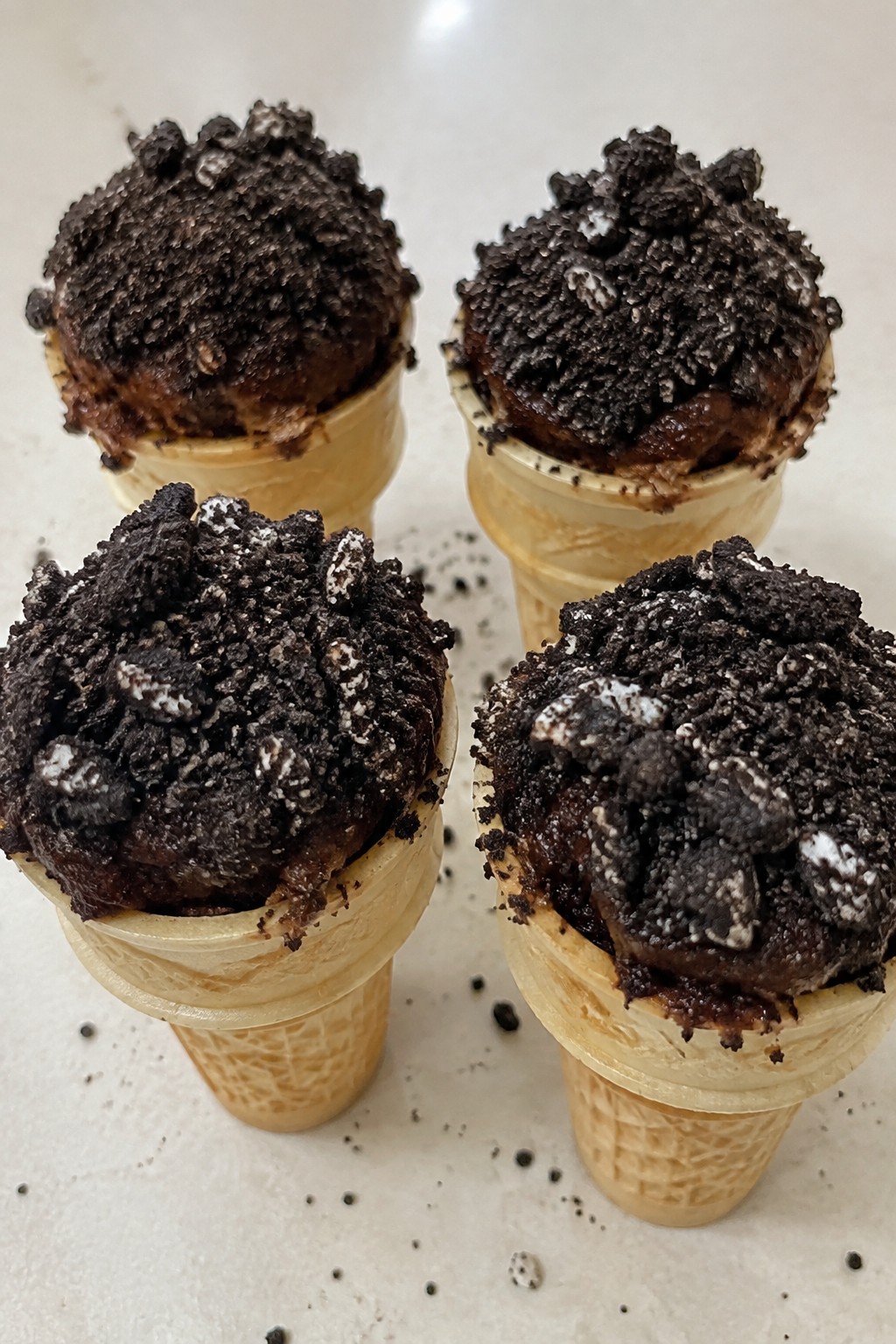 Graveyard Dirt Cupcake Cones with Oreo Crumbs