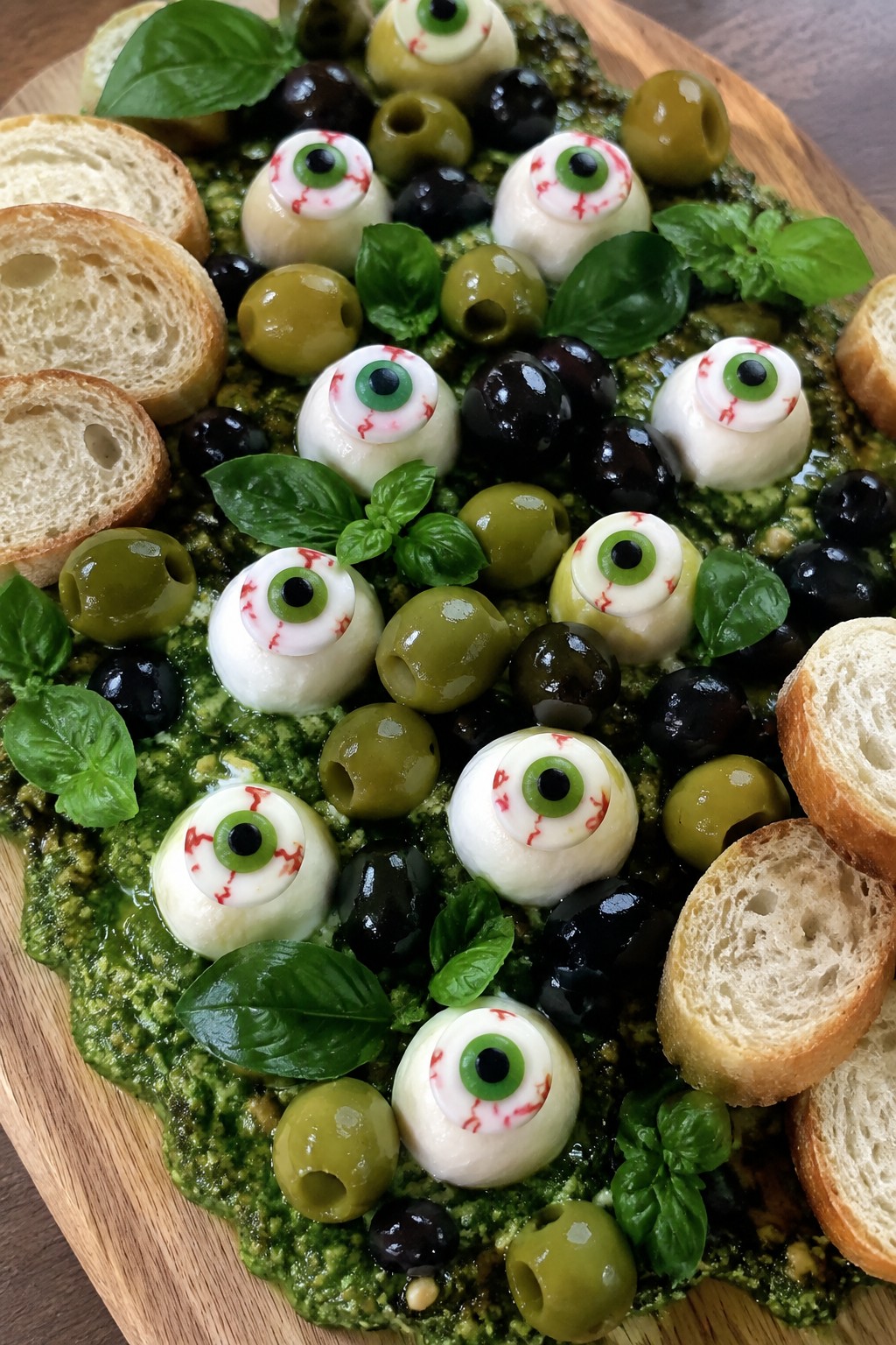 Monster Mash Green Pesto and Olive Board with Candy Eyeball Mozzarella