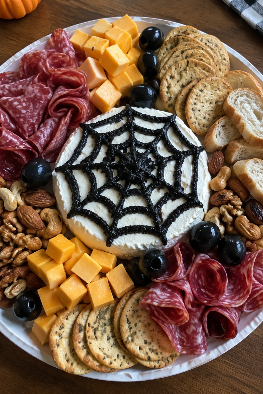 Spooky Spiderweb Charcuterie Board with Black Olive Tapenade