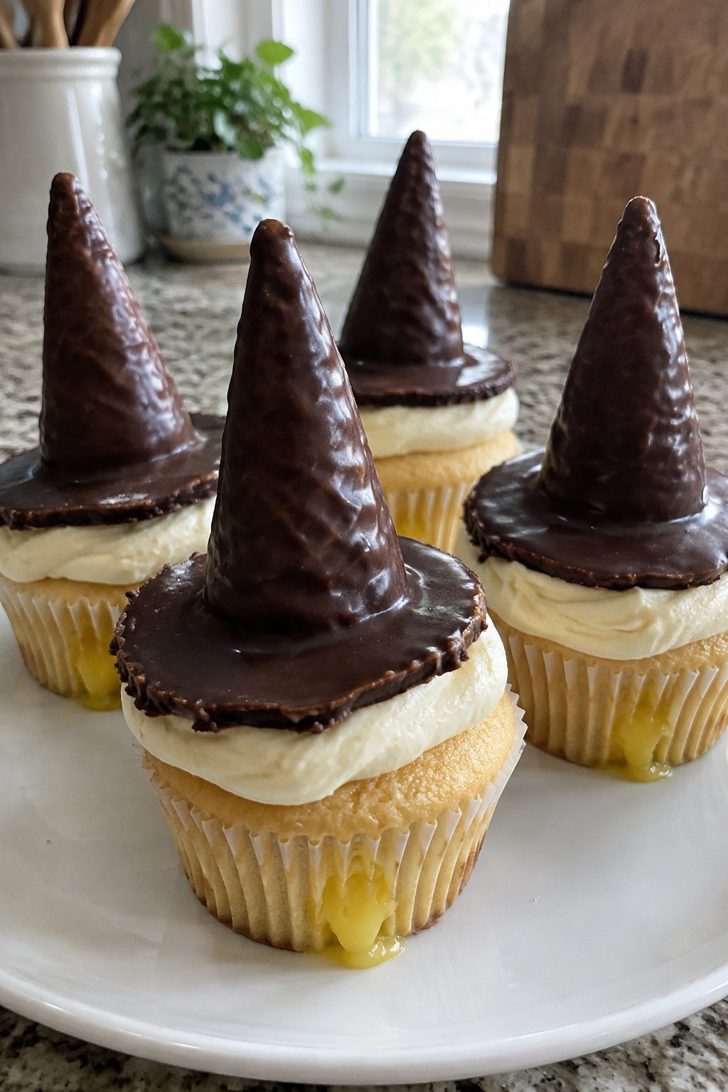 Lemon Curd Witch Hat Cupcakes with Chocolate Cone Tops