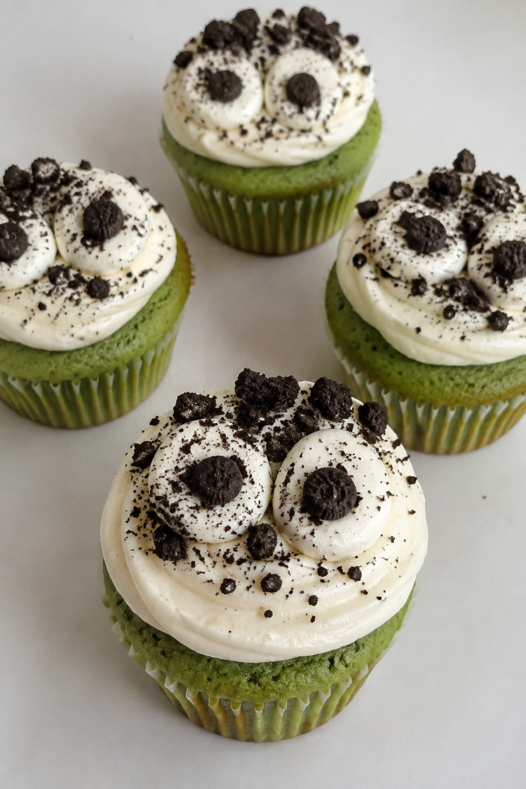 Matcha Green Monster Cupcakes with Cookie Crumb Eyes