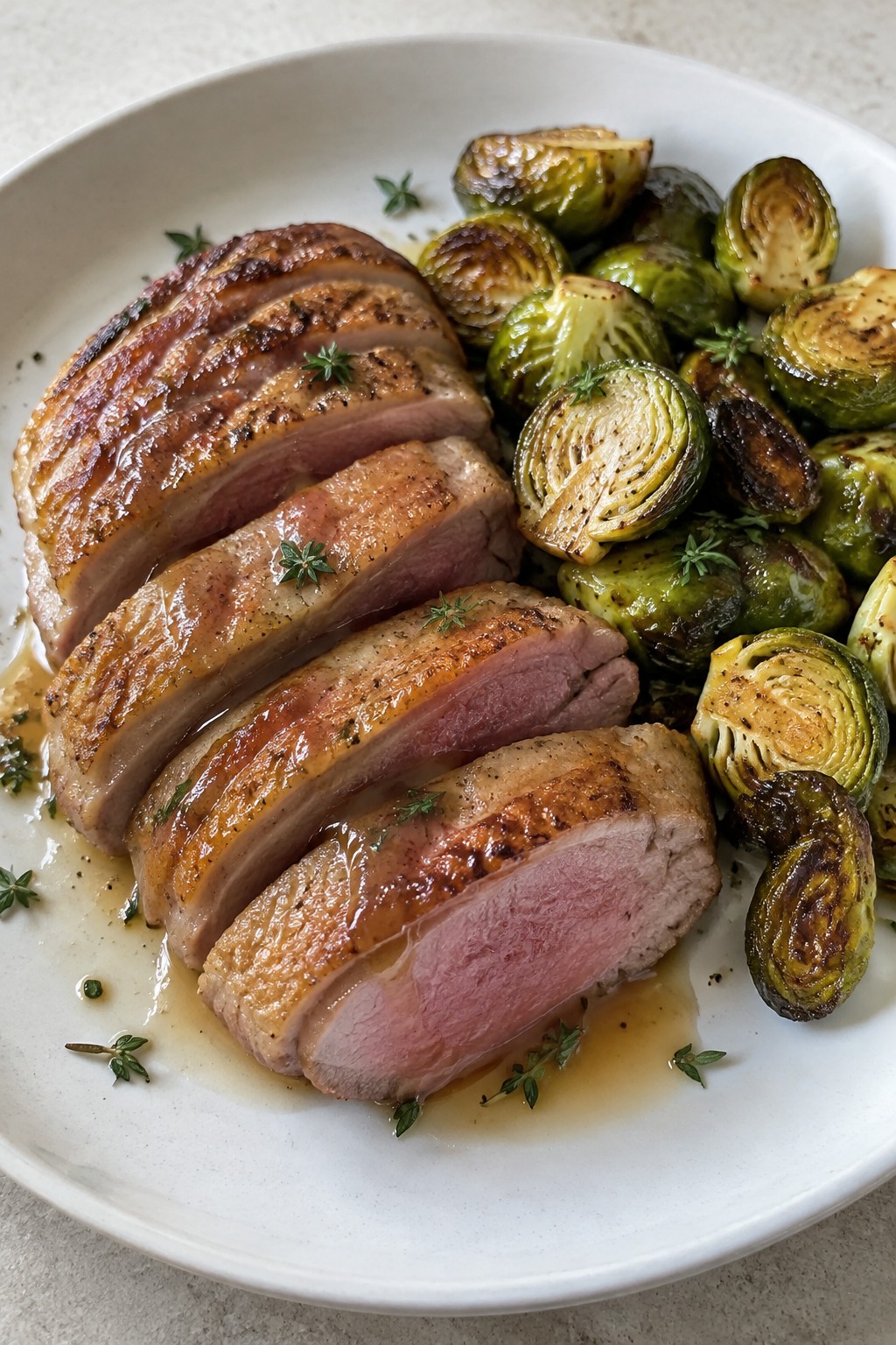 Pan-Seared Duck Breast with Apple Cider Glaze and Brussels Sprouts
