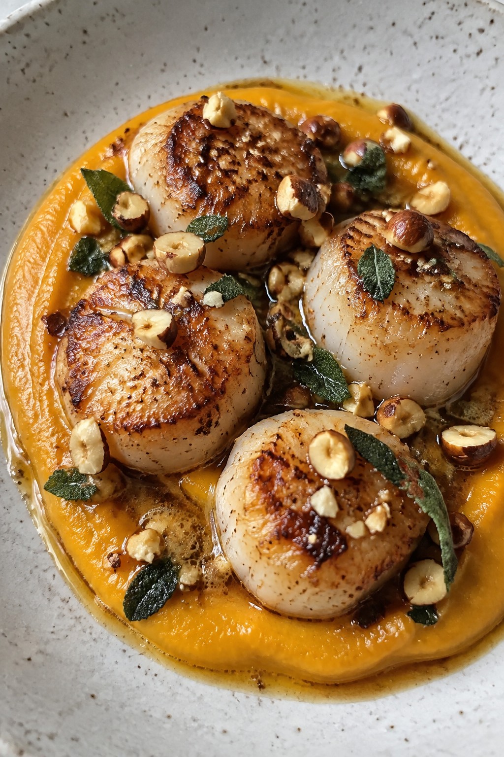 Seared Scallops over Pumpkin Puree with Brown Butter and Hazelnuts