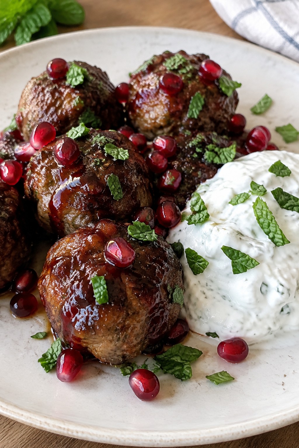 Pomegranate-Glazed Lamb Meatballs with Mint Yogurt
