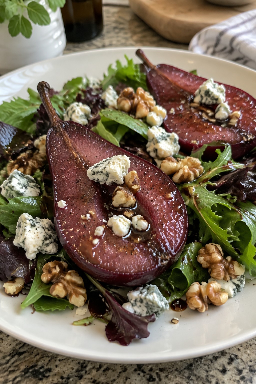 Red Wine Poached Pear Salad with Blue Cheese