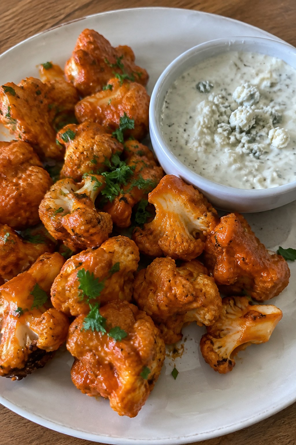 Bat Wing Buffalo Cauliflower Bites with Blue Cheese Dip