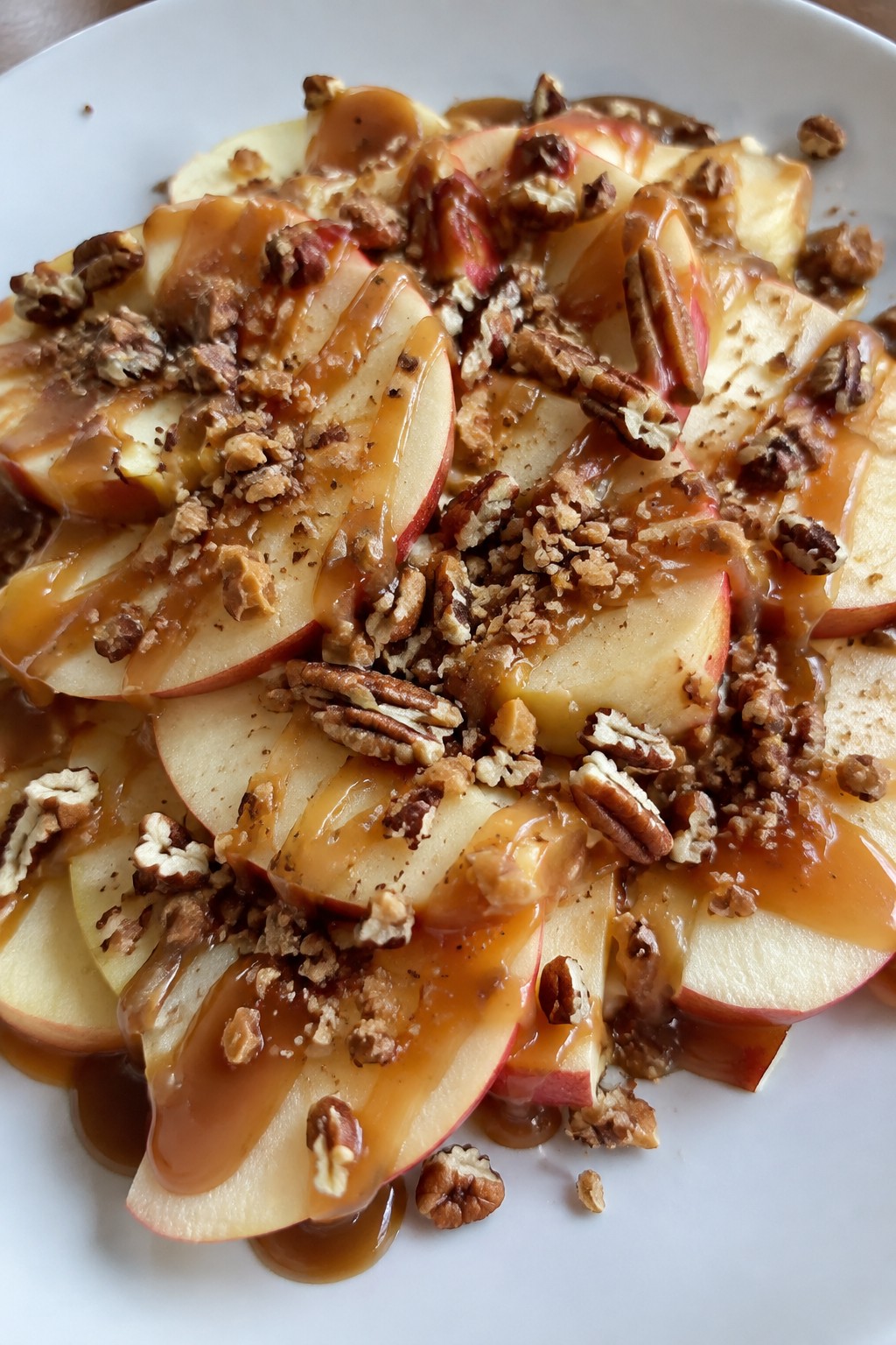 Caramel Apple Nachos with Toffee and Pecan Toppings