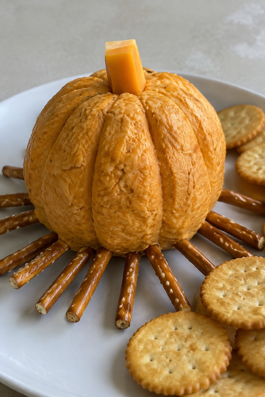Pumpkin Patch Cheese Ball with Pretzel Broomsticks and Crackers