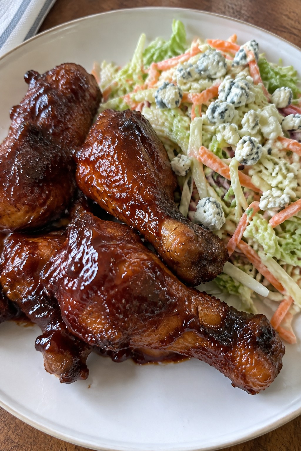 Bat Wing BBQ Chicken Drumsticks with Blue Cheese Slaw